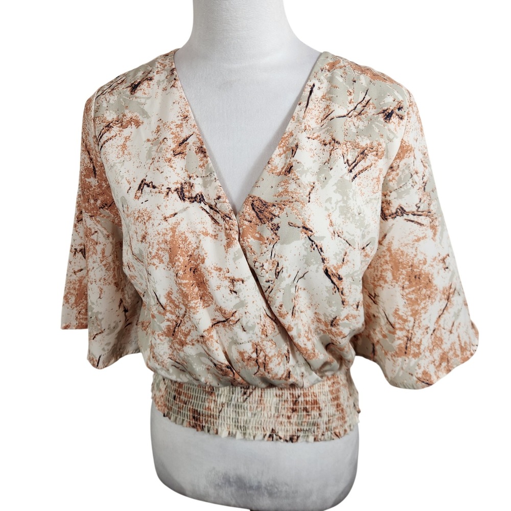 Saints & Hearts Surplice Blouse Abstract Print Smocked Waist Womens Medium M